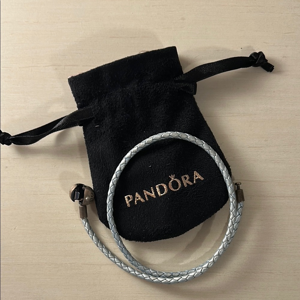 Pandora Blue Leather Braided Charm Bracelet with Black Pouch